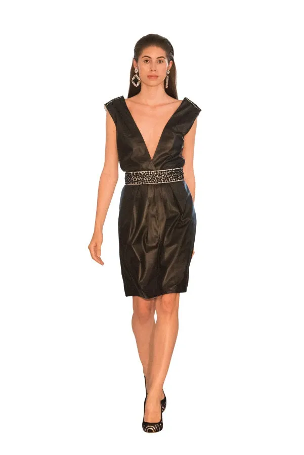 Crystal Adorned Belt Deep V Neck Reindeer Leather Evening Dress -  Limited Edition