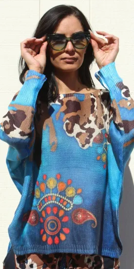 Daria Batwing Sweater with Cheetah Folk Print