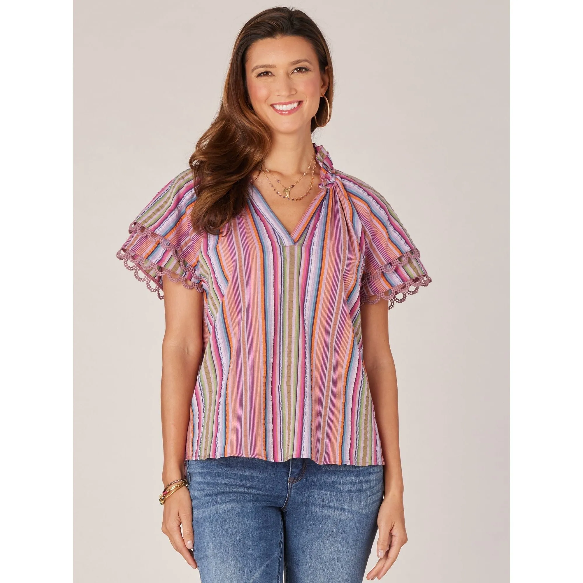 Democracy V Neck Placket top with Double Flounce Sleeves