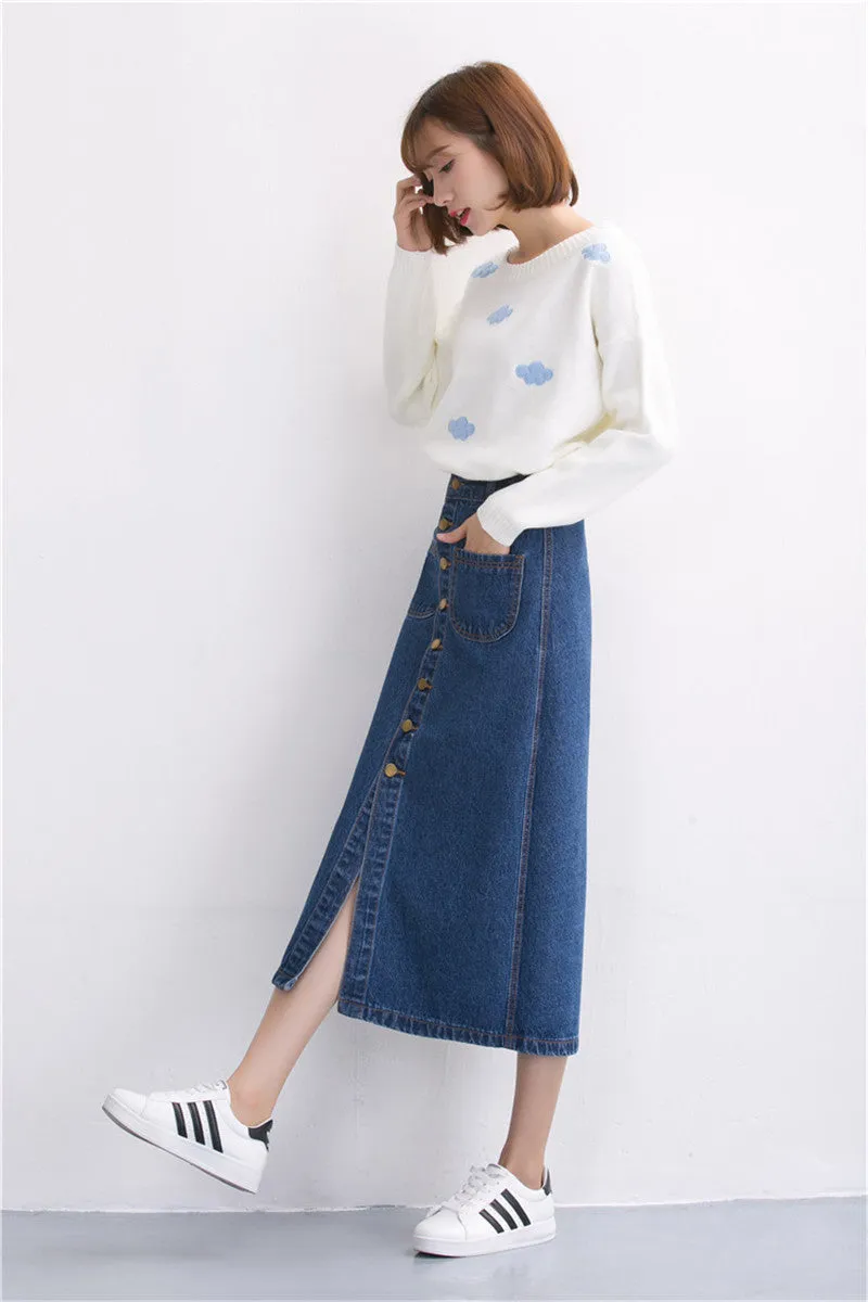 Denim Long Skirt High Waist Jeans Skirts Jeans Feminina Casual A-Line Skirt for Women