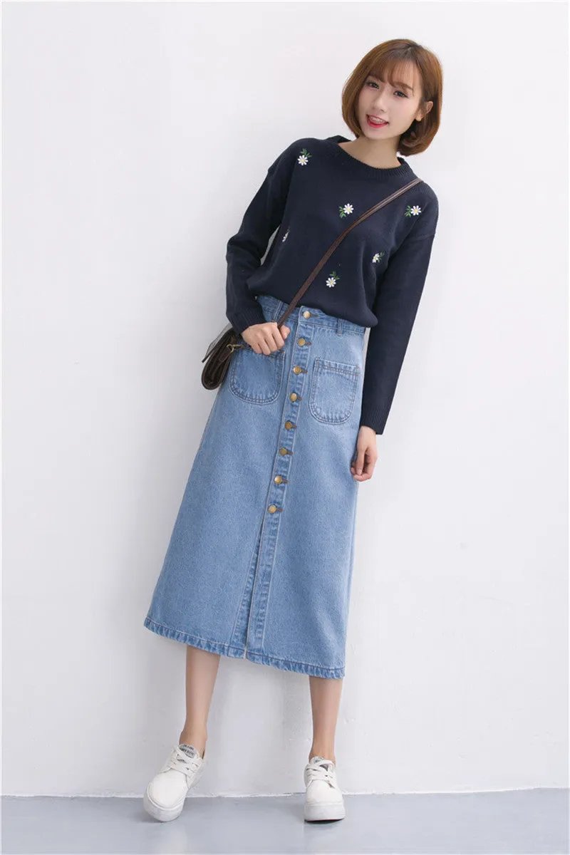 Denim Long Skirt High Waist Jeans Skirts Jeans Feminina Casual A-Line Skirt for Women