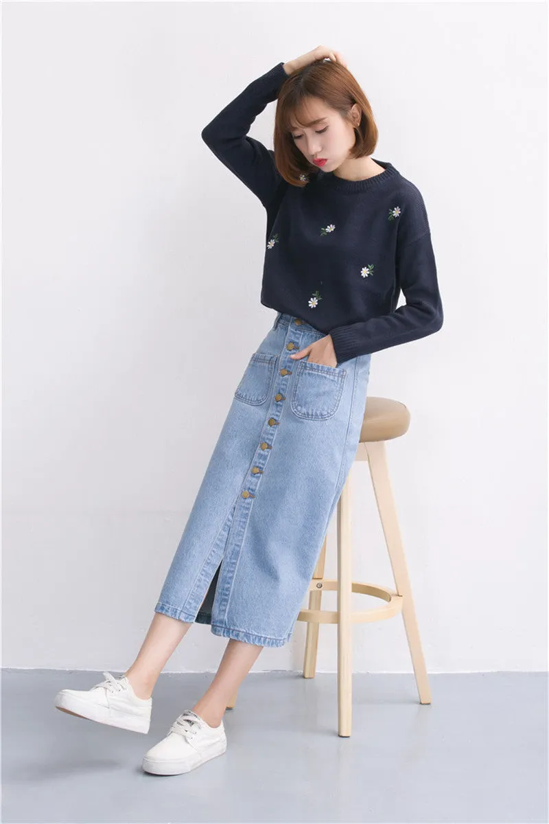 Denim Long Skirt High Waist Jeans Skirts Jeans Feminina Casual A-Line Skirt for Women