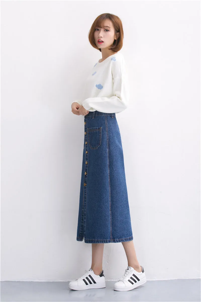 Denim Long Skirt High Waist Jeans Skirts Jeans Feminina Casual A-Line Skirt for Women