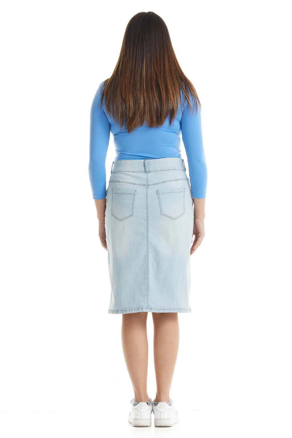 Esteez MANHATTAN Denim Skirt - Straight Knee Length Pull On Stretchy Jean Skirt for WOMEN - BLEACH