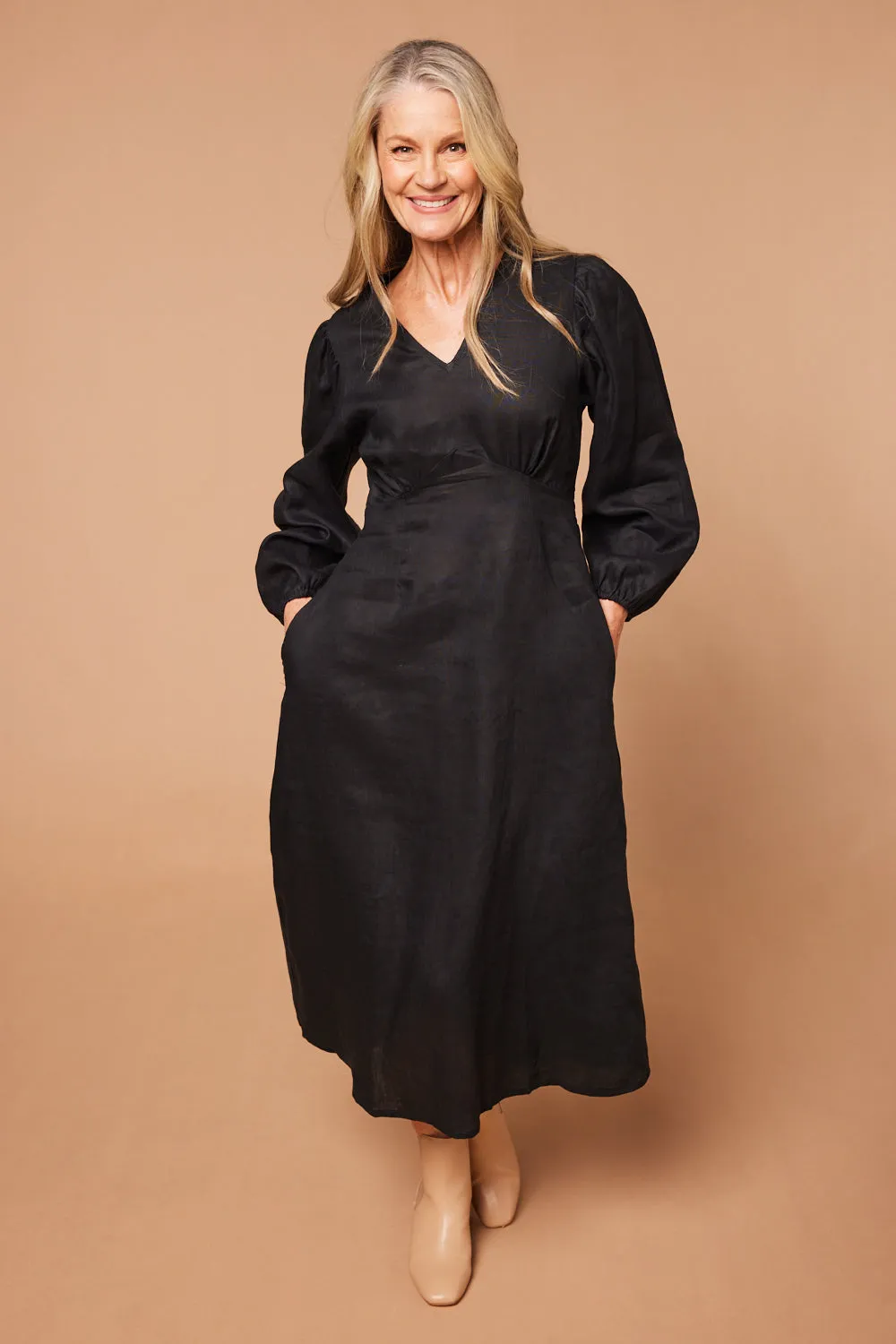 Farrah Long Sleeve Linen Dress in Black