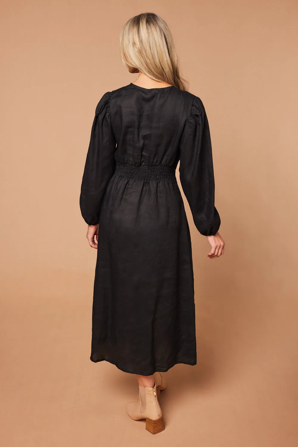 Farrah Long Sleeve Linen Dress in Black