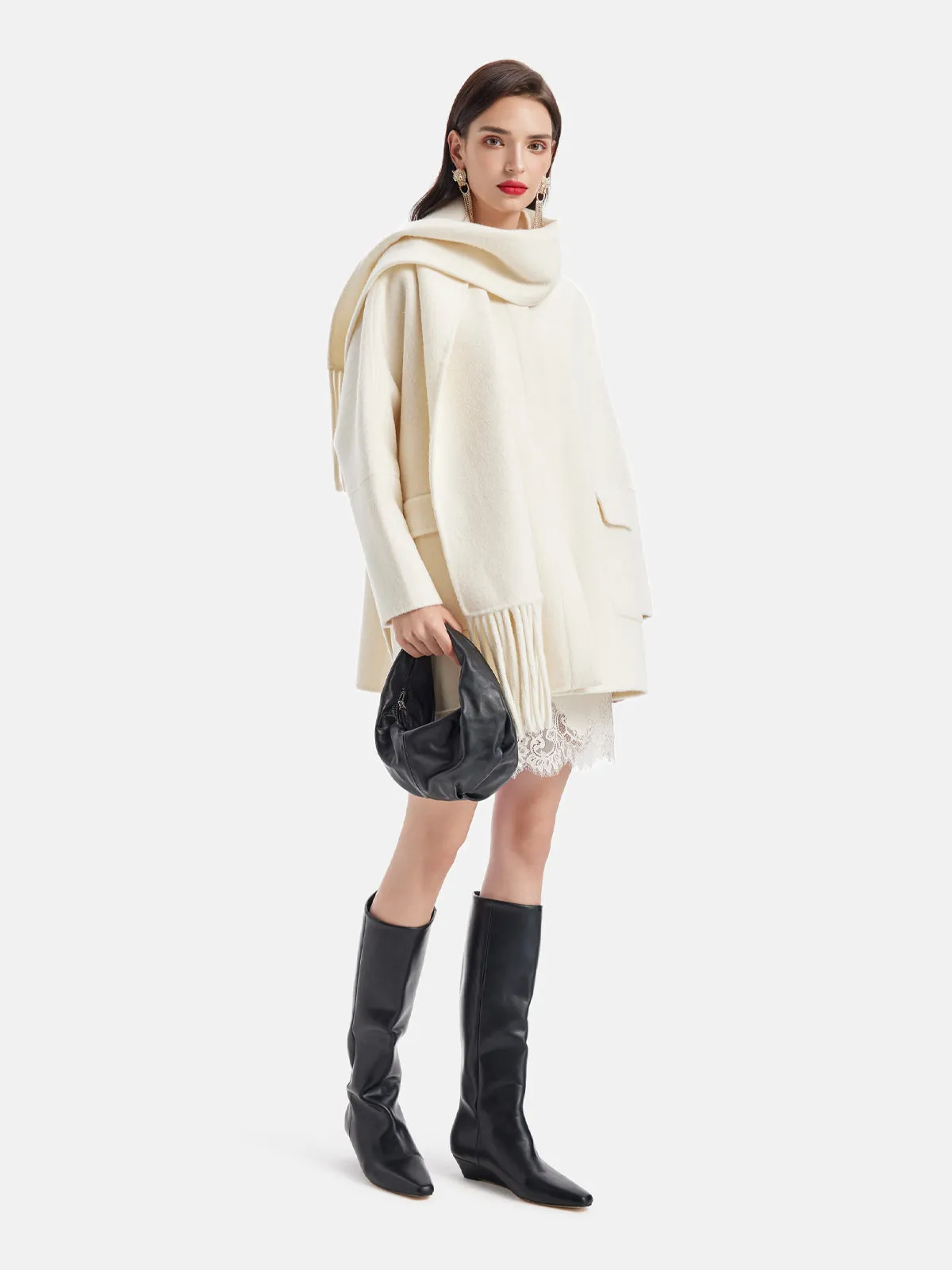 Fringe Neck Scarf Cashmere Coat - Star Queen