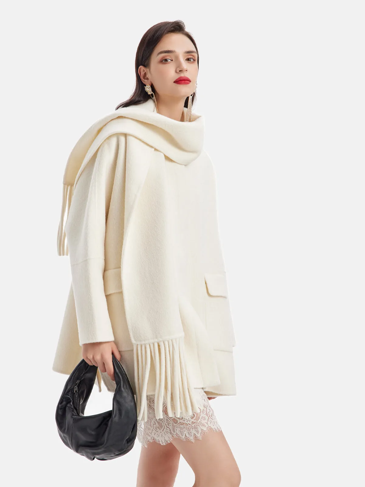 Fringe Neck Scarf Cashmere Coat - Star Queen