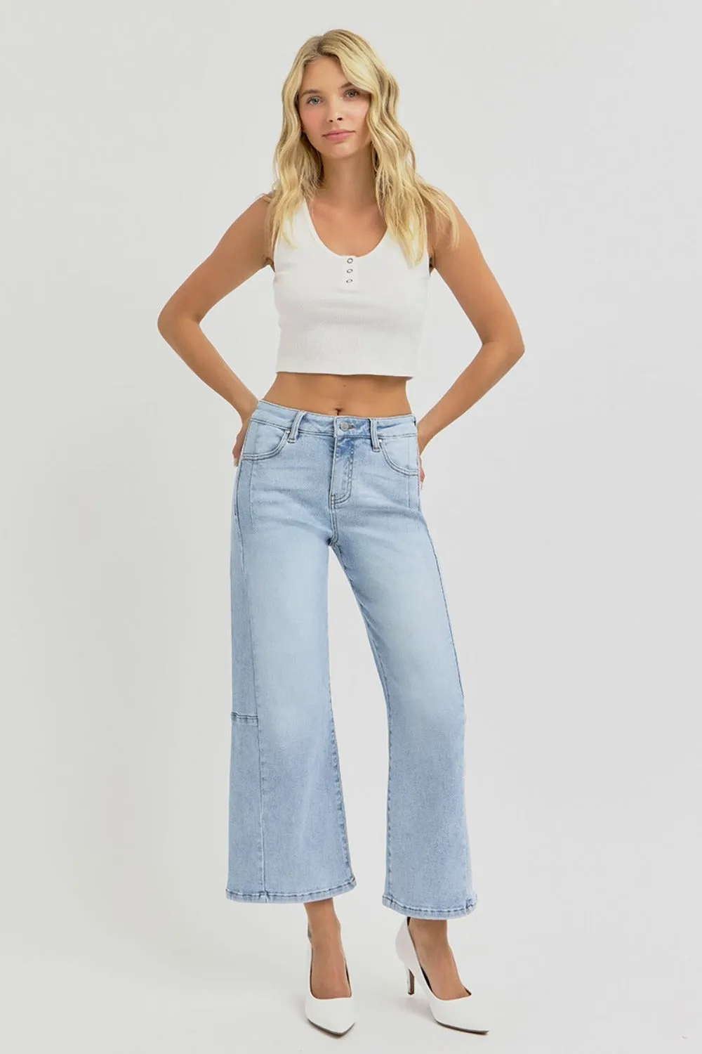 Full Size High Rise Seamed Detail Wide Leg Crop Jeans