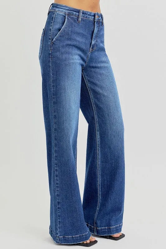 Full Size High Rise Wide Leg Jeans with Slanted Pockets