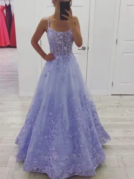 Gorgeous Lilac Lace Floral Long Prom Dresses, Lavender Lace Formal Evening Dresses with 3D Flowers