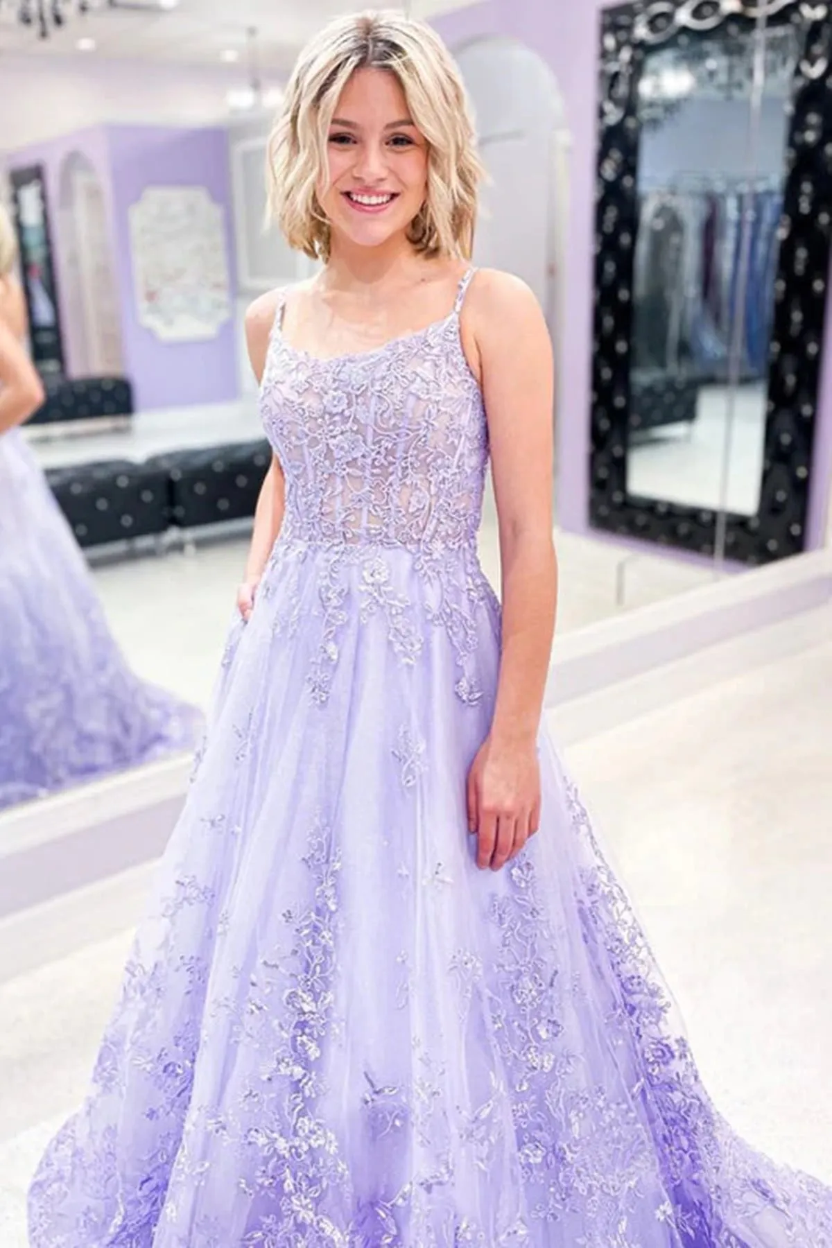 Gorgeous Lilac Lace Floral Long Prom Dresses, Lavender Lace Formal Evening Dresses with 3D Flowers