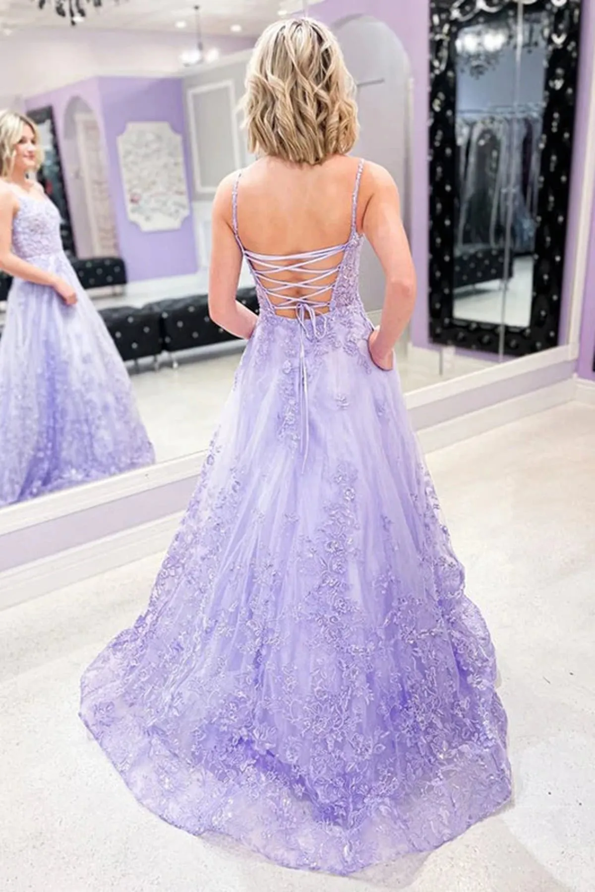 Gorgeous Lilac Lace Floral Long Prom Dresses, Lavender Lace Formal Evening Dresses with 3D Flowers