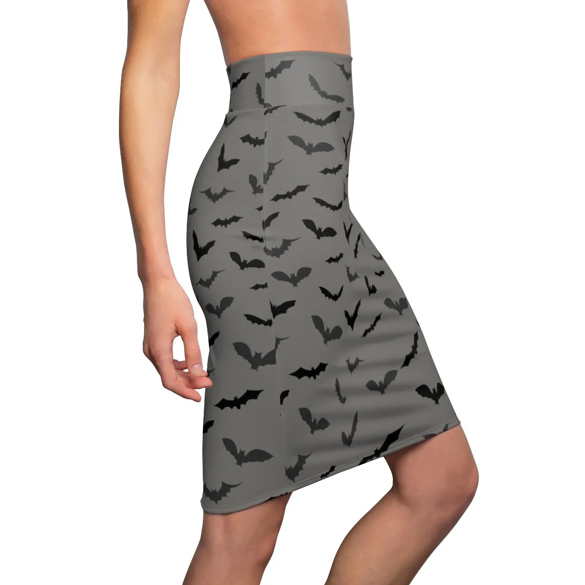 Gray Bats Pencil Skirt, Best Black Office Halloween Party Bats Women's Pencil Skirt- Made in USA(Size: XS-2XL)