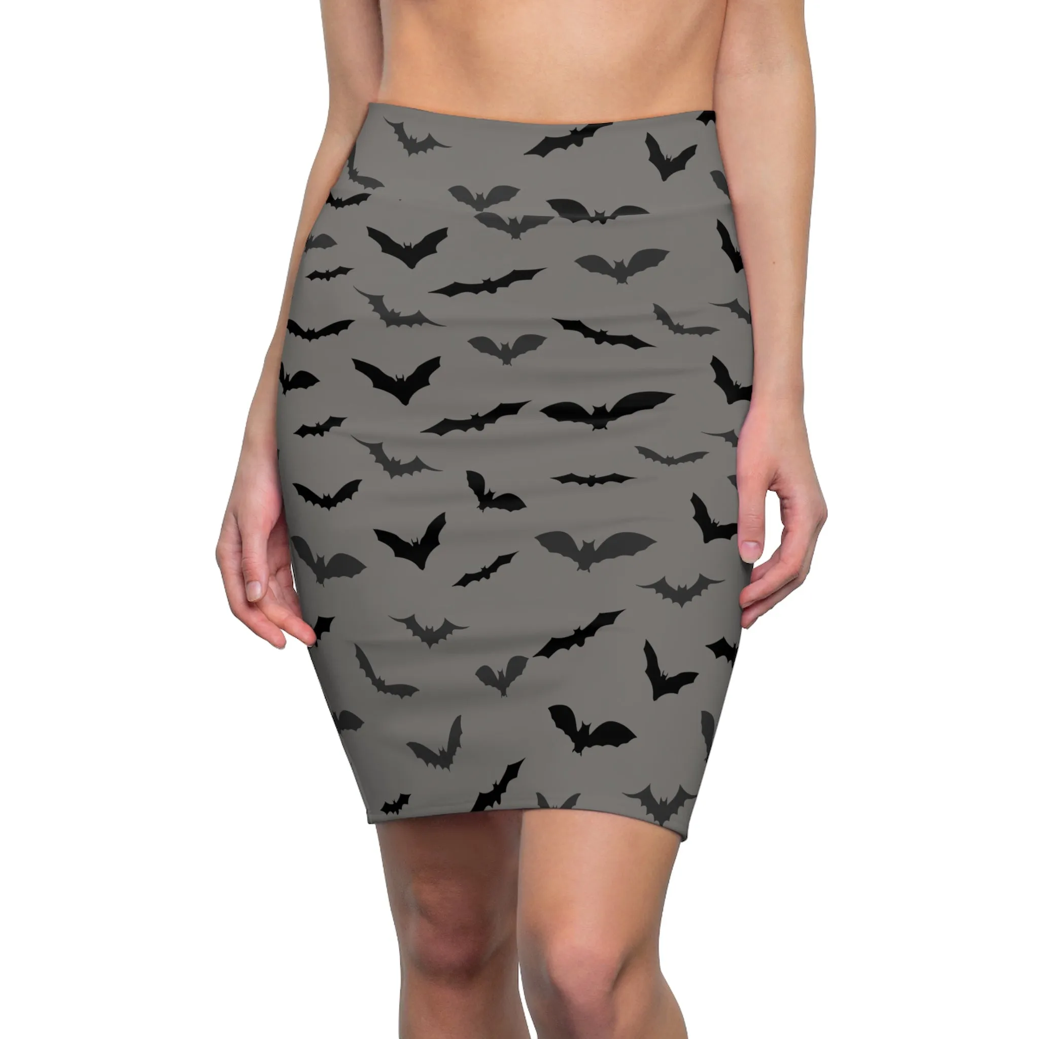 Gray Bats Pencil Skirt, Best Black Office Halloween Party Bats Women's Pencil Skirt- Made in USA(Size: XS-2XL)