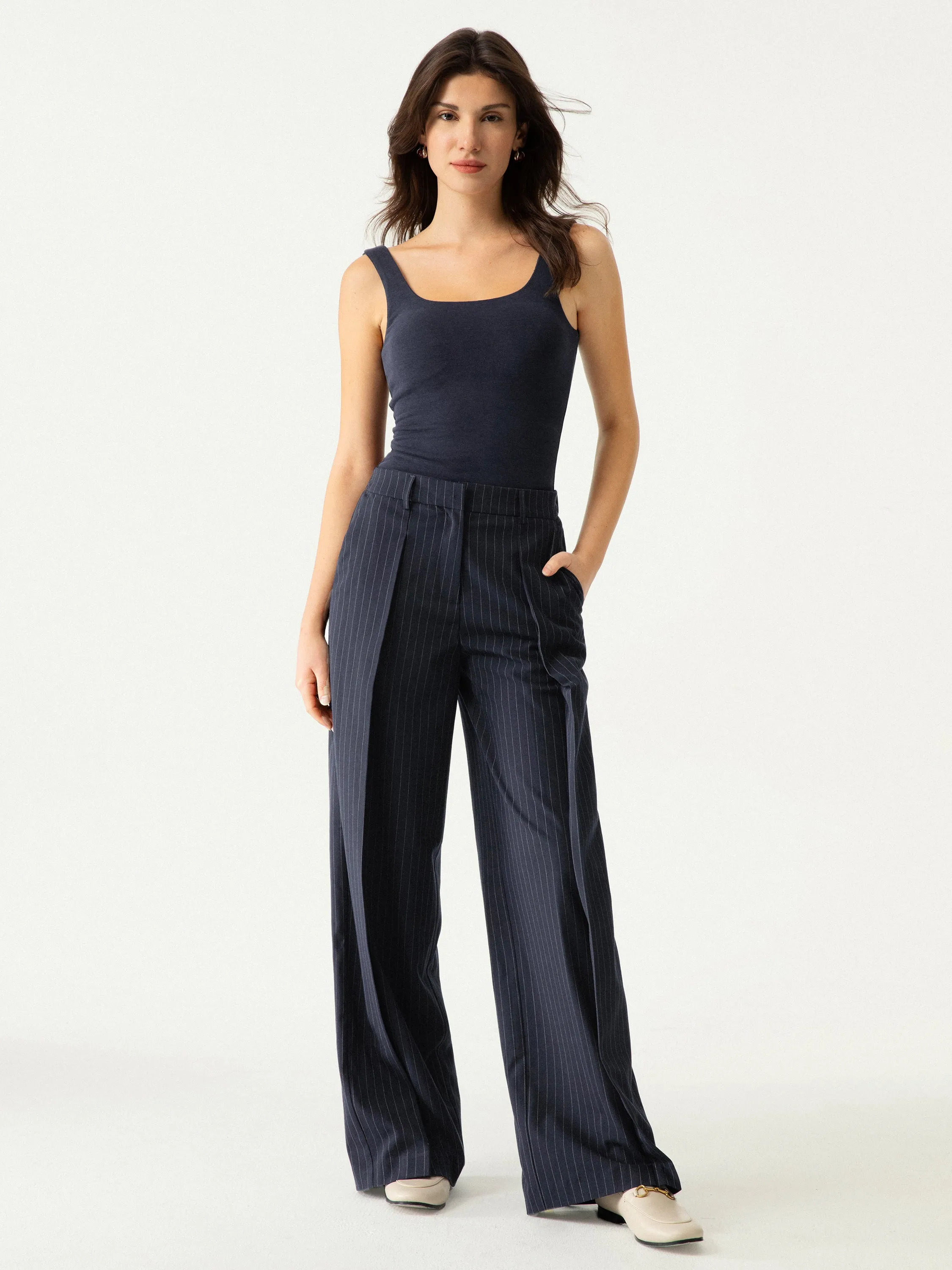 High Waisted Plicated Wide Leg Pants