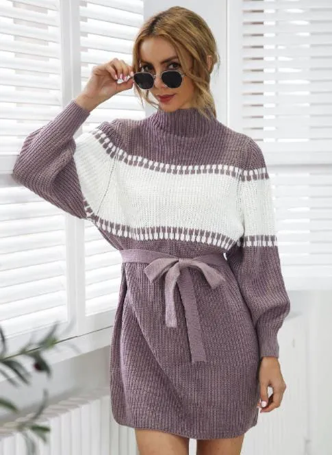 Knitted dress half high collar Lantern Sleeve color contrast