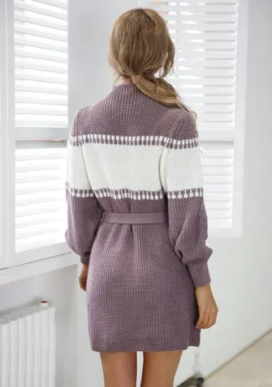 Knitted dress half high collar Lantern Sleeve color contrast