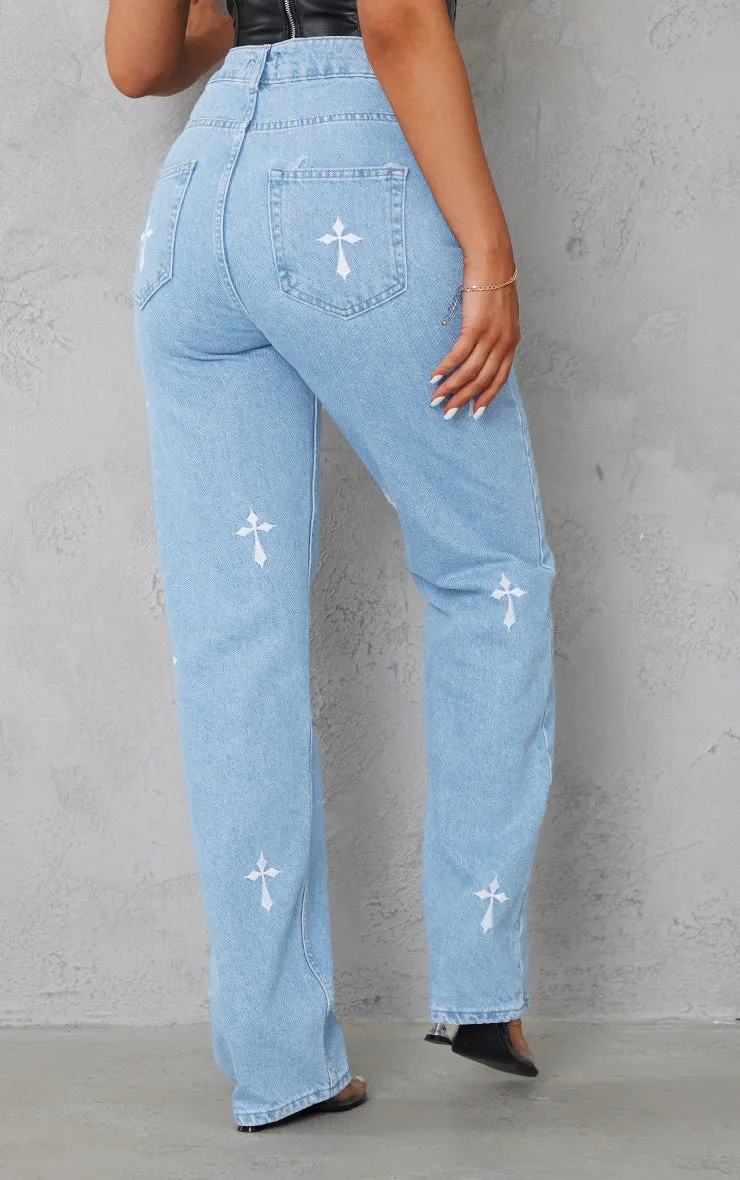 Light Blue Wash Cross Print Long Leg Straight Leg Jeans