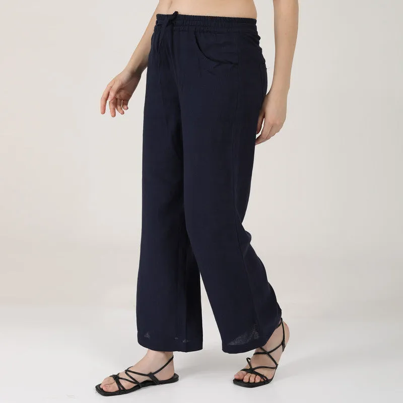 Linen Blue Casual Pants for Women | Wide Leg