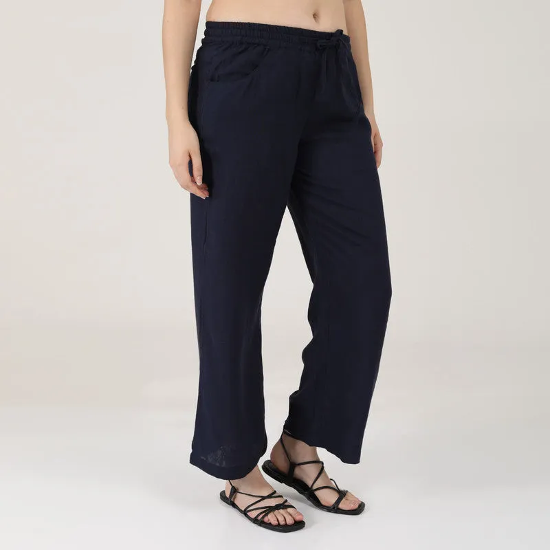 Linen Blue Casual Pants for Women | Wide Leg