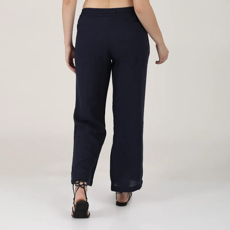 Linen Blue Casual Pants for Women | Wide Leg