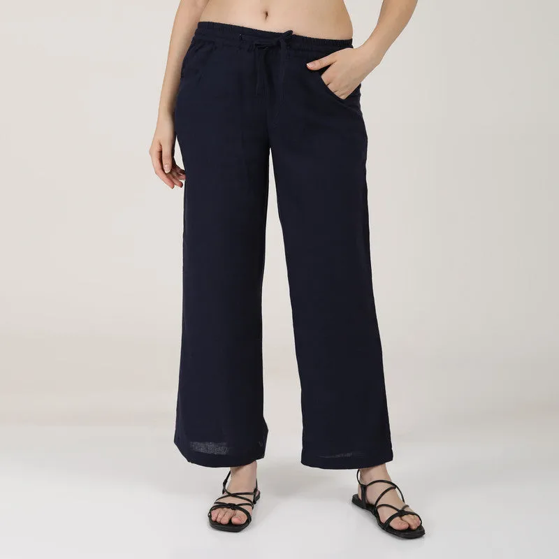 Linen Blue Casual Pants for Women | Wide Leg