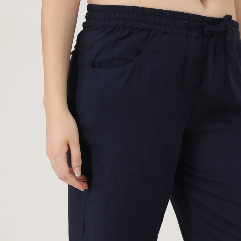 Linen Blue Casual Pants for Women | Wide Leg