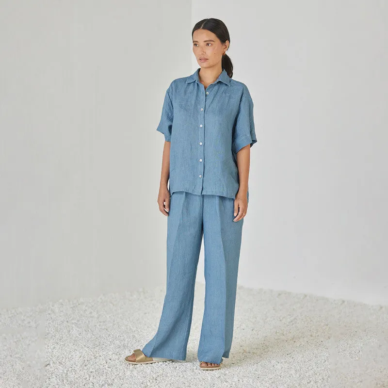 Linen Co Ord Set For Women | Shirt & Pant | Oversized | Blue