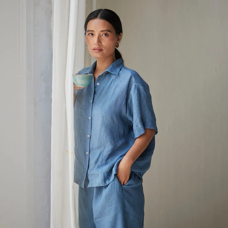 Linen Co Ord Set For Women | Shirt & Pant | Oversized | Blue