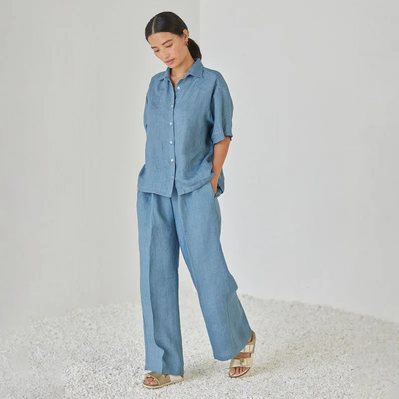 Linen Co Ord Set For Women | Shirt & Pant | Oversized | Blue