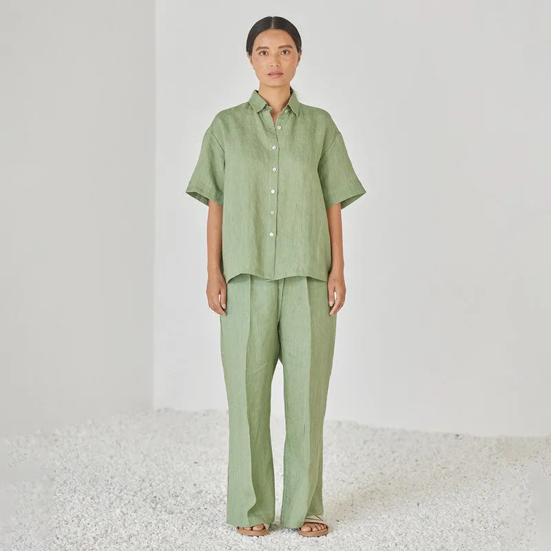 Linen Co Ord Set For Women | Shirt & Pant | Oversized | Green