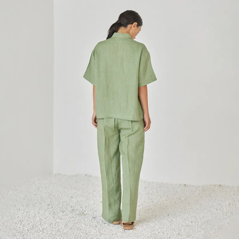 Linen Co Ord Set For Women | Shirt & Pant | Oversized | Green