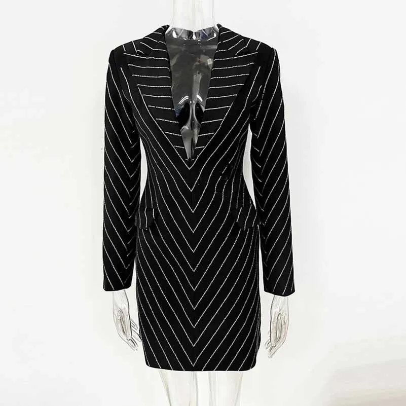 Long Sleeve Crystal Blazer Mini Dress Black Rhinestone V-Neck Dress