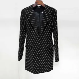 Long Sleeve Crystal Blazer Mini Dress Black Rhinestone V-Neck Dress