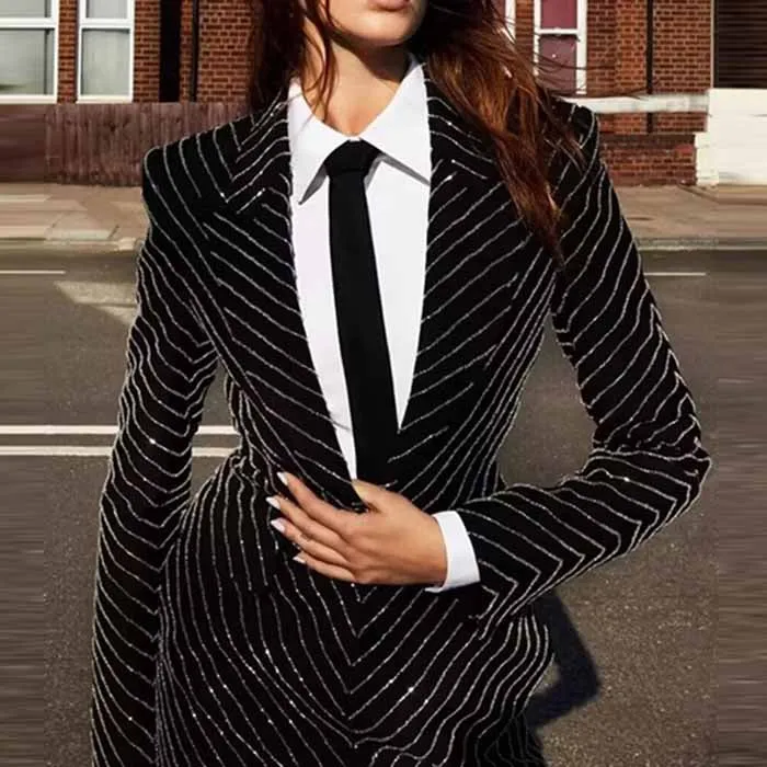 Long Sleeve Crystal Blazer Mini Dress Black Rhinestone V-Neck Dress