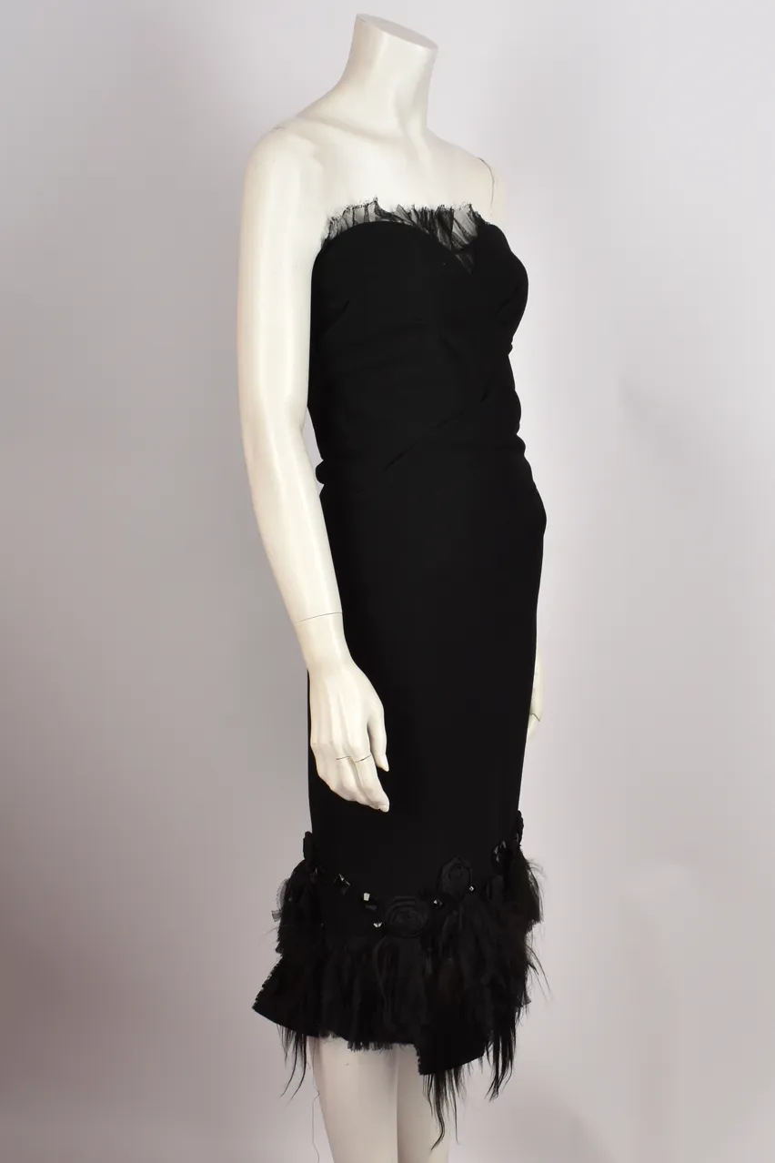 LOUIS VUITTON BLACK MIDI LACE AND FEATHERS DRESS