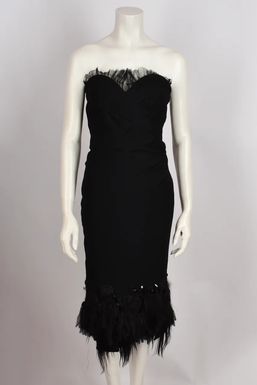 LOUIS VUITTON BLACK MIDI LACE AND FEATHERS DRESS