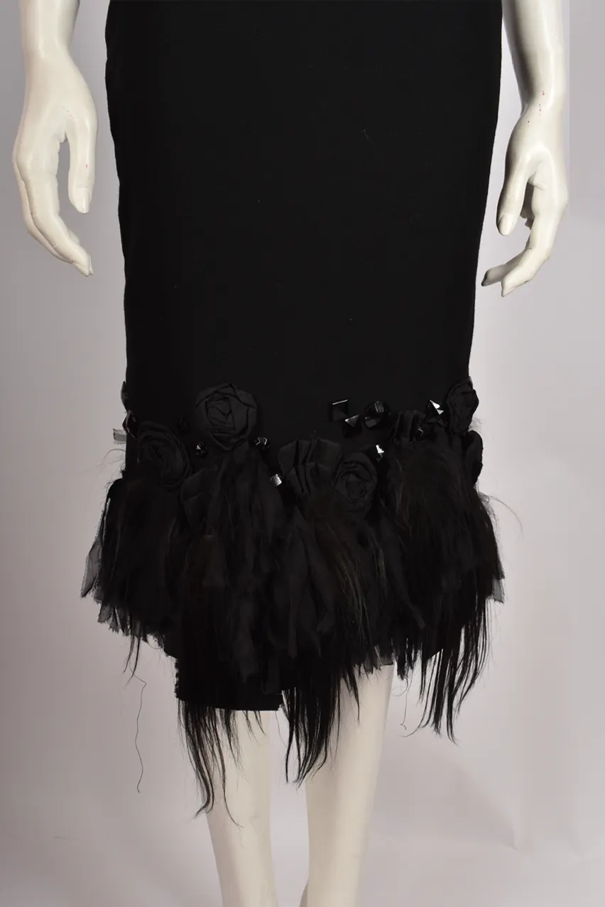 LOUIS VUITTON BLACK MIDI LACE AND FEATHERS DRESS