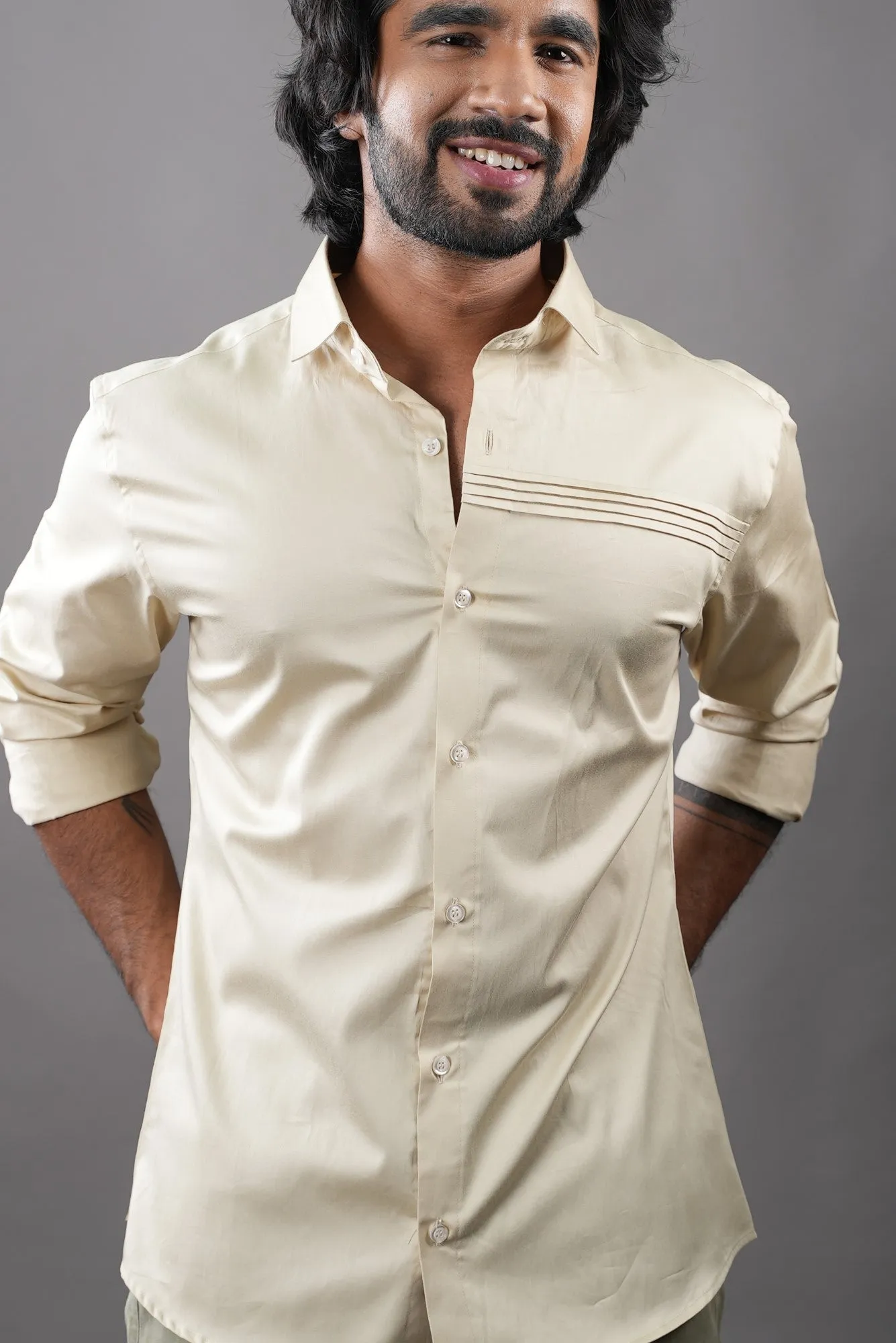 Men's Biege Color Crema Pintuck Shirt Full Sleeves Casual Shirt - Hilo Design