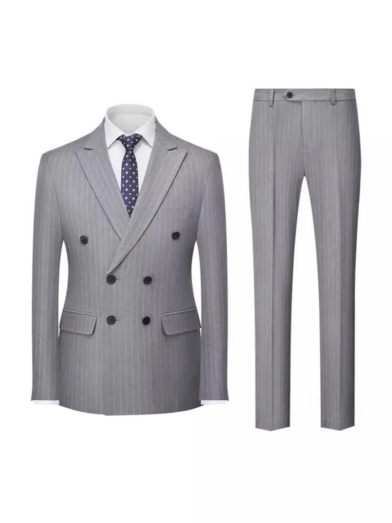 Men's Formal Striped 2 Pieces Double Breasted Peak Lapel Suit Tuxedos (Blazer Pants）