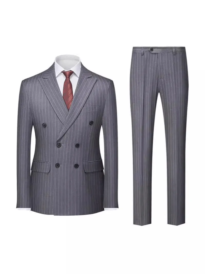 Men's Formal Striped 2 Pieces Double Breasted Peak Lapel Suit Tuxedos (Blazer Pants）