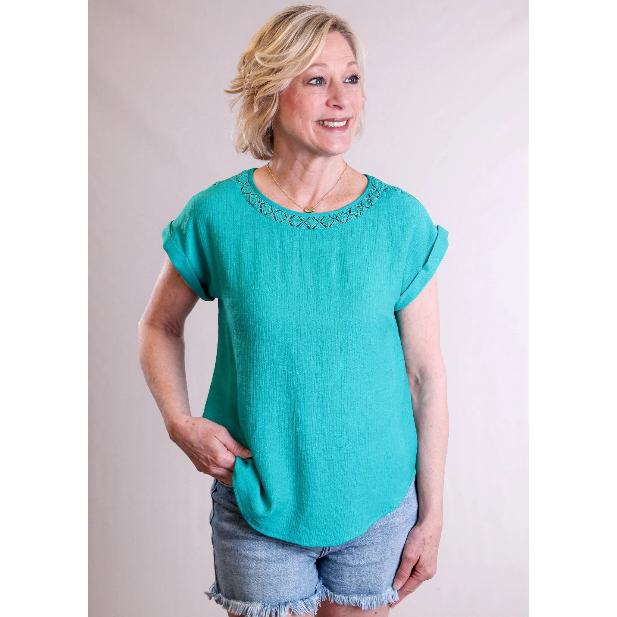 MINE Eyelet Trim Top with Cuffed Short Sleeves