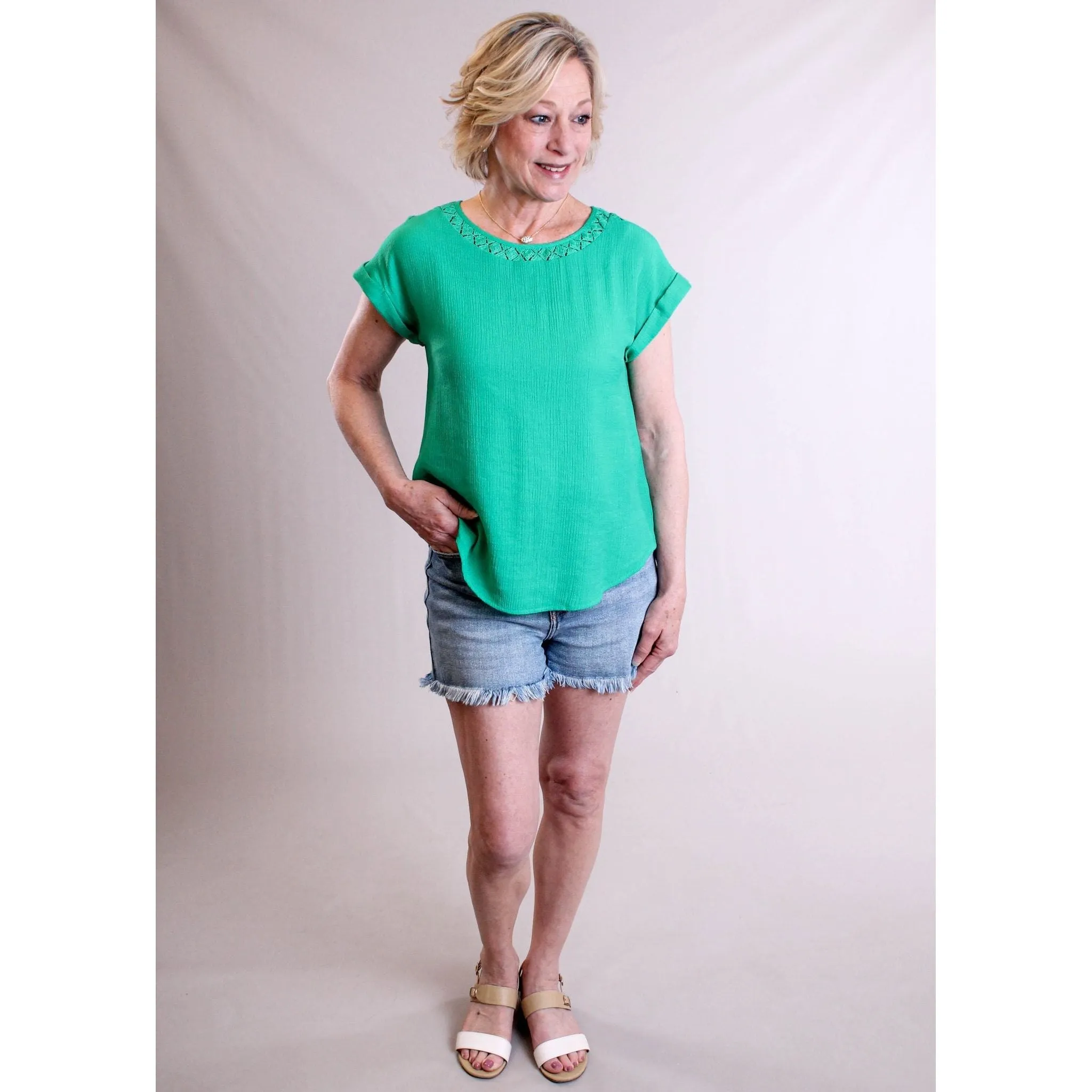 MINE Eyelet Trim Top with Cuffed Short Sleeves