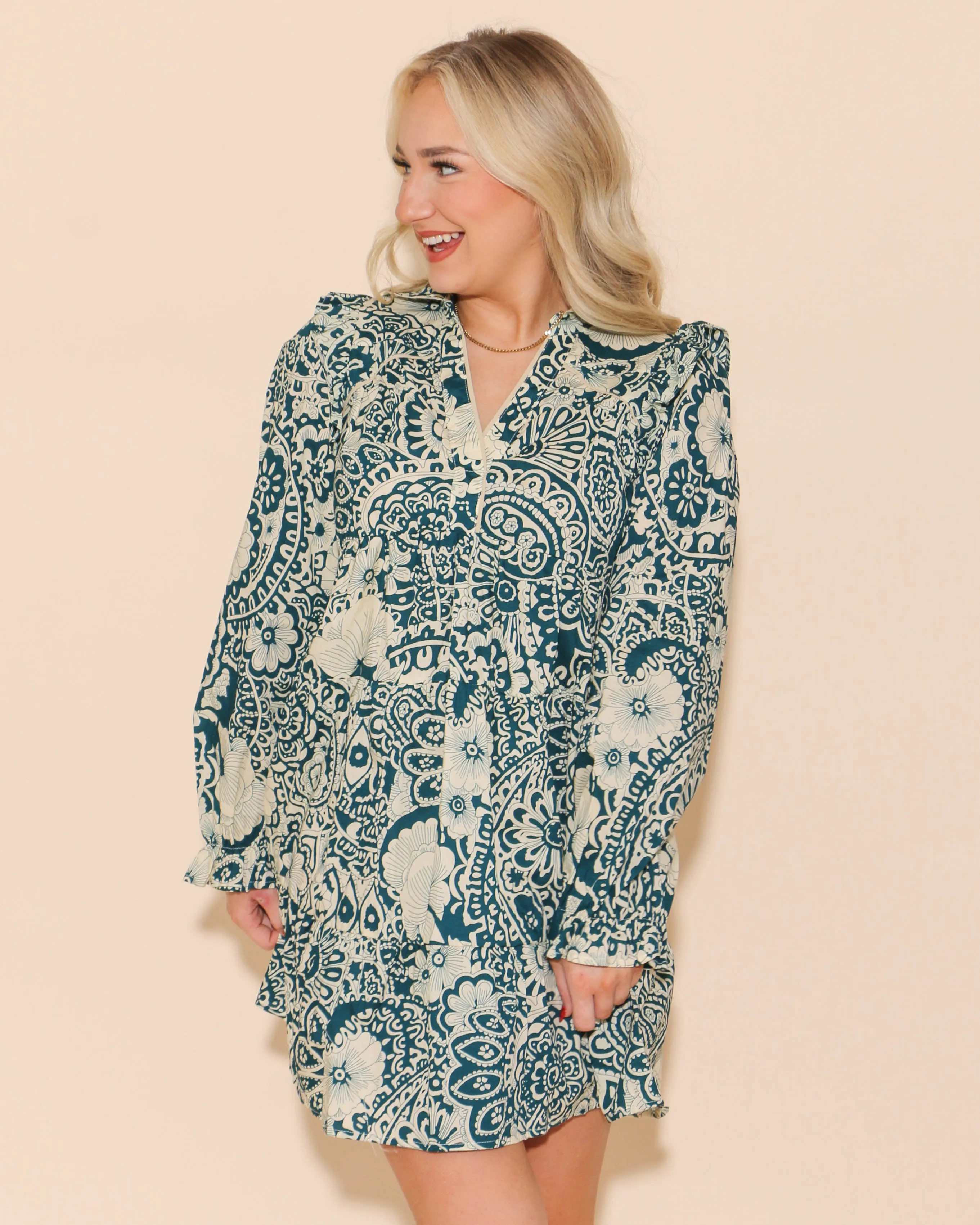 Mixed Print Flutter Ruffle Long Sleeve Dress