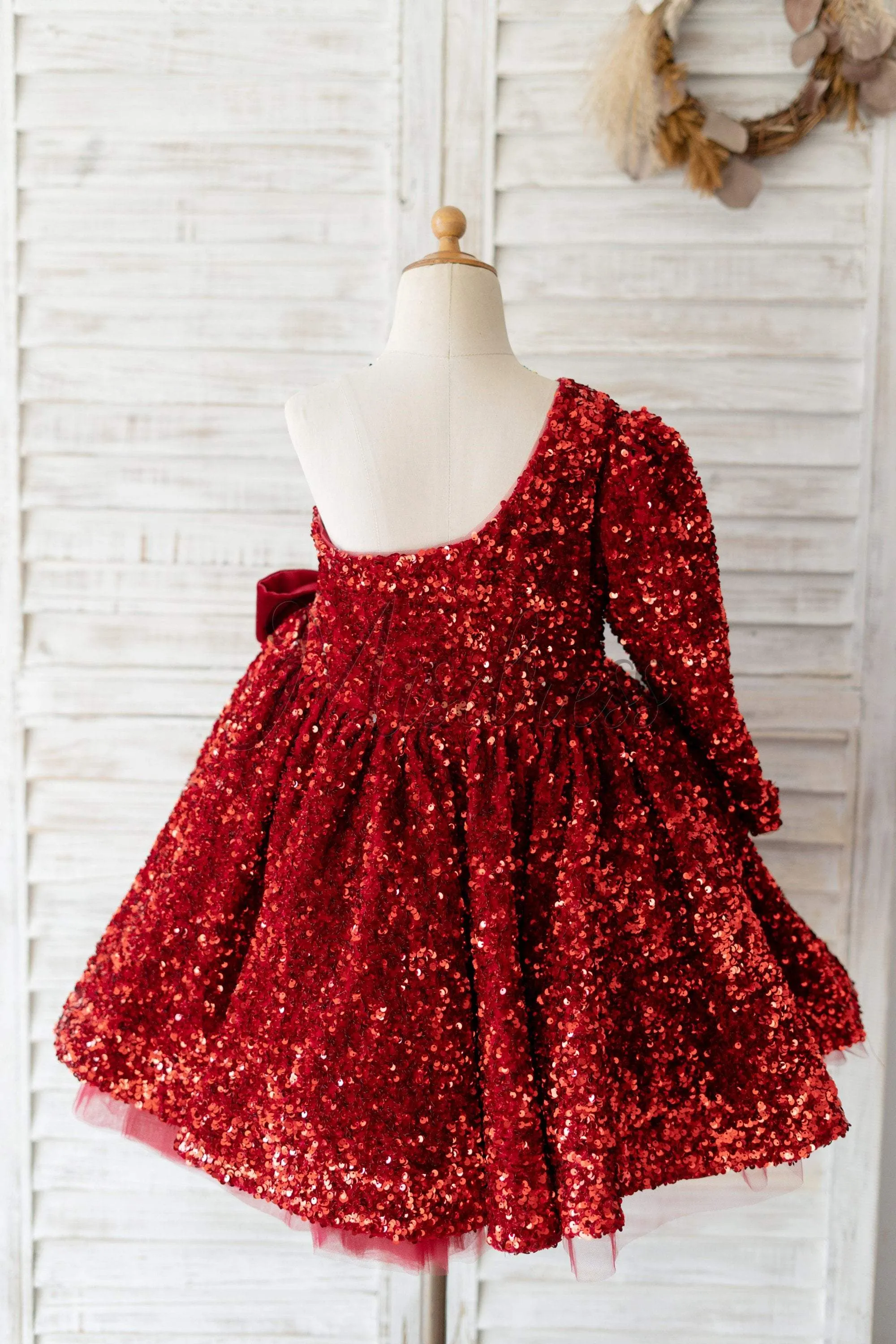 One Shoulder Burgundy Sequin Long Sleeves Wedding Flower Girl Dress Kids Party Dress