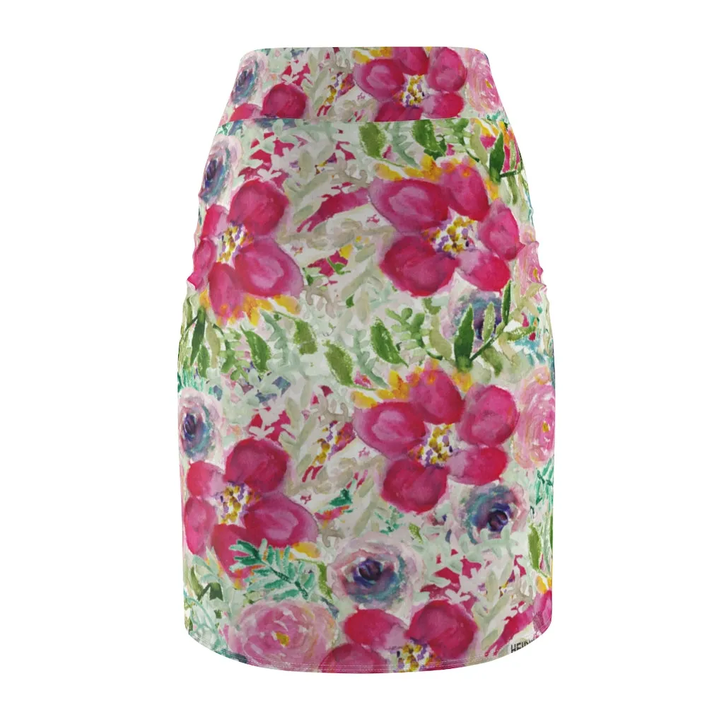 Pink Floral Women's Pencil Skirt, Mixed Girlie Rose Flower Print Patterned Skirt-Made in USA