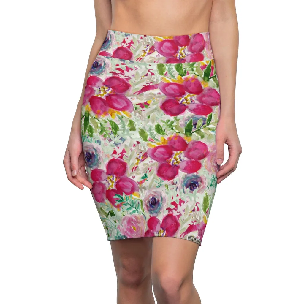 Pink Floral Women's Pencil Skirt, Mixed Girlie Rose Flower Print Patterned Skirt-Made in USA