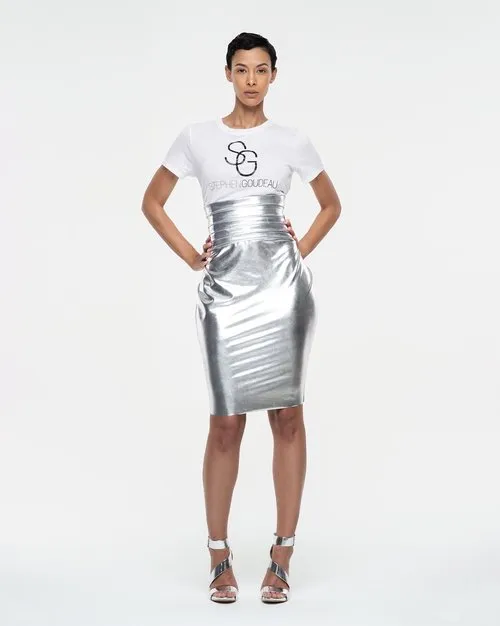 Platinum Lame’ Pencil Skirt