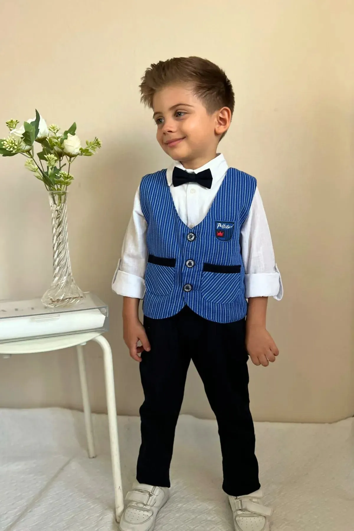 Pollito Boy's Striped Indigo Navy Blue Two Pocket Vest 4-Piece Suit